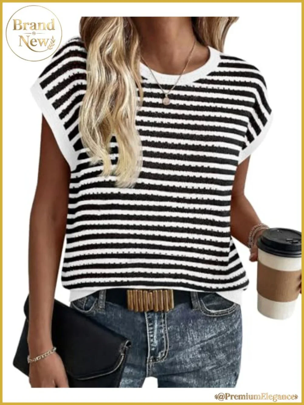 Women's Striped Crochet Knit Cap Sleeve Pullover Sweater Vest Top